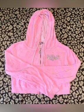 Dolls Kill Pink Velour Zip Hoodie with Rhinestone Charm